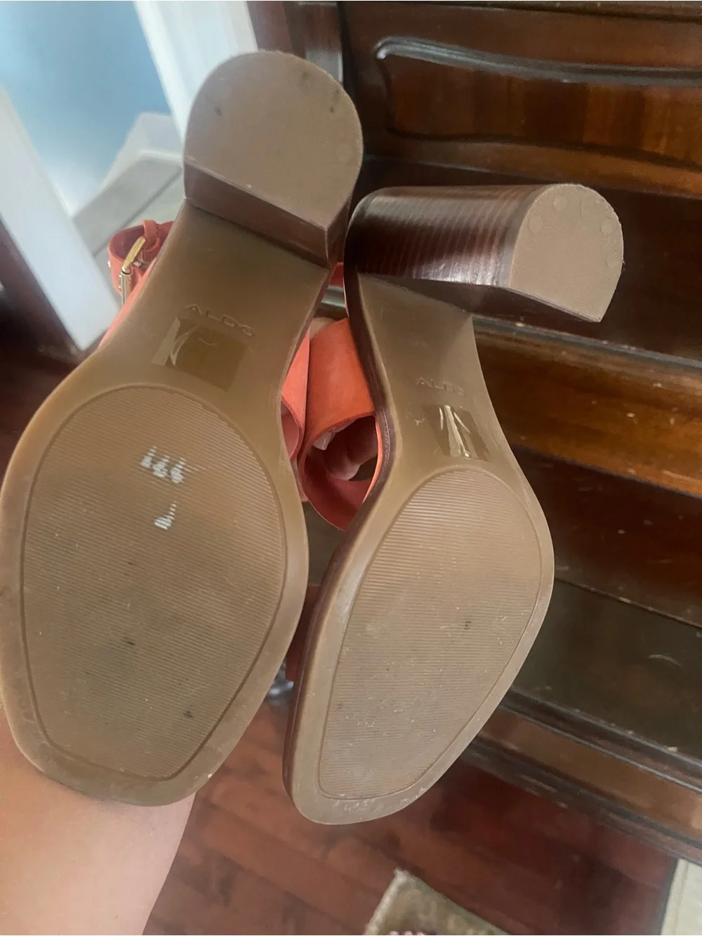 Aldo Coral Orange Suede Block Heel Sandals - Picture 3 of 4